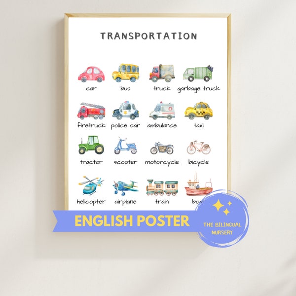 Transportation ENGLISH vehicles poster cars poster homeschool Instant download Educational poster Montessori Children Classroom Preschool