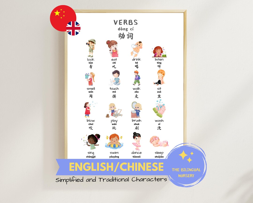 Verbs ENGLISH/CHINESE Bilingual Poster Instant Download Educational ...