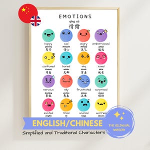 Emotions CHINESE ENGLISH Instant download Educational poster Montessori Children Classroom Homeschool Preschool Watercolor