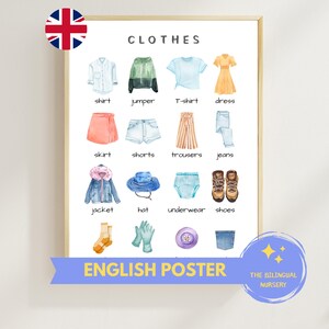 Póster de ropa en INGLÉS Descarga instantánea Montessori Niños Aula Preescolar