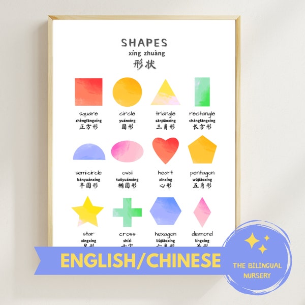 Shapes ENGLISH/CHINESE Bilingual poster Instant Download Montessori Kids Children Classroom Homeschool Preschool