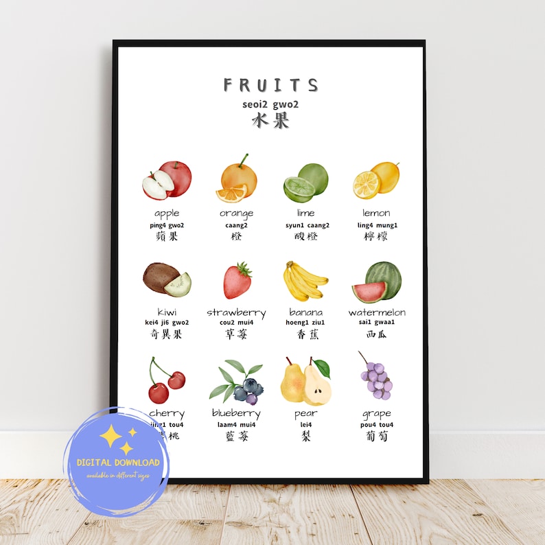 Fruits English Cantonese Bilingual Poster Instant Download Educational Fruits English Cantonese Bilingual Poster Instant Download Educational