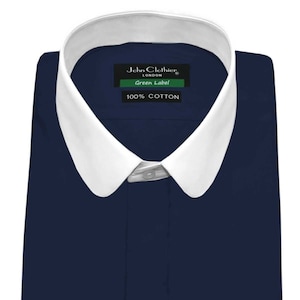 Men&#39;s Navy Blue Dress Shirt, Peaky Blinders Outfit, Thomas Shelby inspired Round Penny Collar Shirt 100% Cotton Full Sleeves Hidden Placket