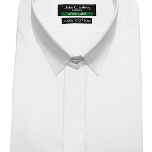 May include: White dress shirt with a button-down collar and a label that reads "John Clothier London Green Label 100% Cotton."