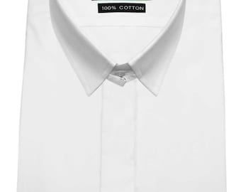 White Collar Shirt Skyfall&#39;s Tab Collar Hidden Conceal Buttons Placket Dress Shirt Men&#39;s 100% Cotton Full Sleeves Wedding Shirt