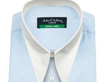 Spear Point Collar Dress Shirt Men's Size 16 Double Cuff Sky Blue & White Hairline Stripes Long Sleeves Pure Cotton White Collar Cuff Shirt