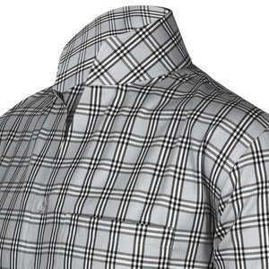 Karl Lagerfeld High Open Buttonless V Collar Dress Shirt Men's Size 17.5, Single cuff Grey, Black & White Tartan Plaid Checks 100% Cotton