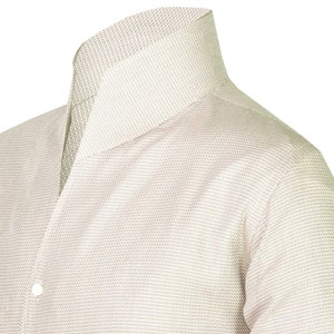 High Open V Large Collar Dress Shirts Men's Tall Neck Collar Shirt Cream, Beige Micro Checks, Tiny Check/ High Stiff Chinese Mandarin Collar