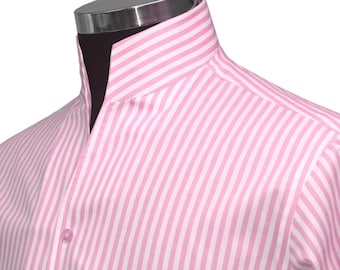Pink & White Standing Stripes Open Buttonless V Collar Dress Shirt Men's Karl Lagerfeld Style High Collar Shirt Pure Cotton Long Sleeves