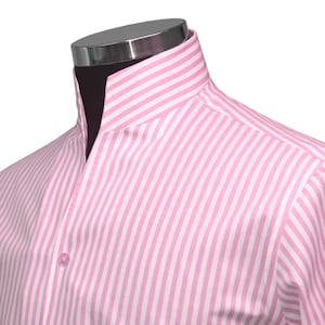 Pink & White Standing Stripes Open Buttonless V Collar Dress Shirt Men's Karl Lagerfeld Style High Collar Shirt Pure Cotton Long Sleeves