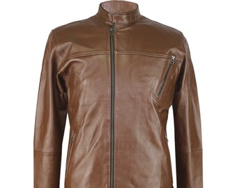 Brown Leather Bomber Jacket, Double Zip Sheep Nappa, Size L