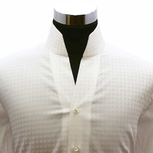 Tall Neck Shirt Cream, Beige Checks Dress Shirt Men's Pure Cotton High Open V Collar Band Collar Shirt Long Sleeves Karl Lagerfeld Style