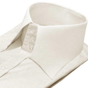 May include: A white dress shirt with a button-down collar and three buttons on the collar stand.