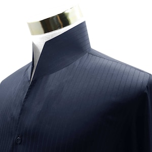 High Open V-Kragen Tall Neck Shirt Navy Blau Reine Baumwolle Business Shirt Männer Mandarin Band Stehkragen Shirt Lange Ärmel Offener Knopfloser Kragen
