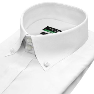 May include: White dress shirt with a button-down collar and three buttons on the collar stand. The shirt has a label that reads "John Cloth London Green 2PLY".