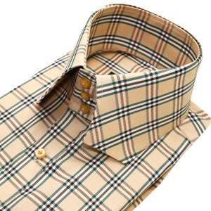 Chisel Tip High Collar Long Sleeves Office Formal Dress Shirt Men's Brown, Black & White Tartan Plaid Checks Summer Occasion Shirt For Him