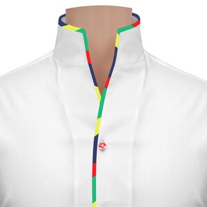 Buttonless High Band V Neck Collar White High Open Collar Men's Cotton Shirt Highlighted Rainbow Piping Wedding Groom's Summer Custom Outfit
