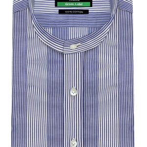 May include: A blue and white striped dress shirt with a mandarin collar and button closure. The shirt is made of 100% cotton and has the text "John Clothier London Green Label" on the collar.