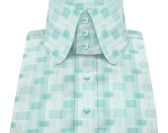 Men's High Penny Round Collar Shirt Mint Green Check Stripe Pure Cotton Retro Banker Dress Shirt 1930s Edwardian Style