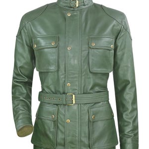 Herren Grüne Schaf Nappaleder Jacke im Military Style - Handgefertigter Taillen Gürtel Biker Mantel