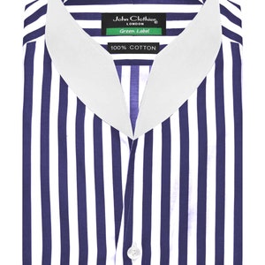 High Collar Fetish V Neck Buttonless Shirt Blue White Stripes Cotton Men's Custom Dress Shirt Tailored Fit