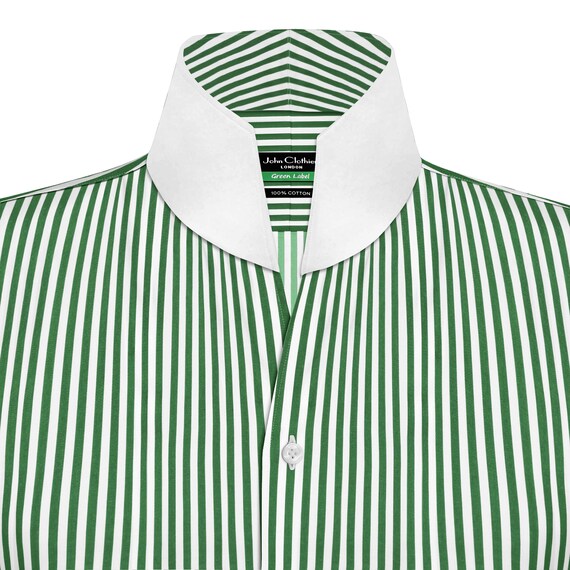 Green White Stripes High Open Collar Karl Lagerfeld Style Buttonless Party Evening Dress Wear Men's 100% Cotton Tall Neck Custom Made Shirt