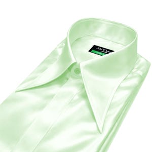 Men's Luxury Mint Satin Hidden Placket Shirt Retro 60s 70s Disco Dance Party Dress Dramatic Long Pointed Spread Collar