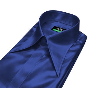 Men's Extra Long Pointed Spread Collar Shirt Navy Blue Satin Hidden Placket Luxury 60s 70s Retro Disco Outfit