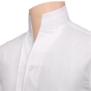 Men's 100% Cotton High Open Karl Lagerfeld Pink Pinstripes Custom Made Stand Up Tall Neck V Collar Buttonless Celebrity Party Dress Shirt