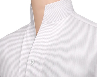 Men's 100% Cotton High Open Karl Lagerfeld Pink Pinstripes Custom Made Stand Up Tall Neck V Collar Buttonless Celebrity Party Dress Shirt
