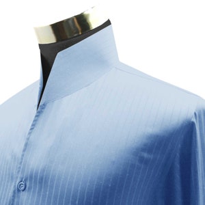 Sky Blue Pure Cotton Dress Shirt Men's High Open V Collar Tall Neck Shirt Long Sleeves Mandarin Band High Collar, Open Buttonless Collar