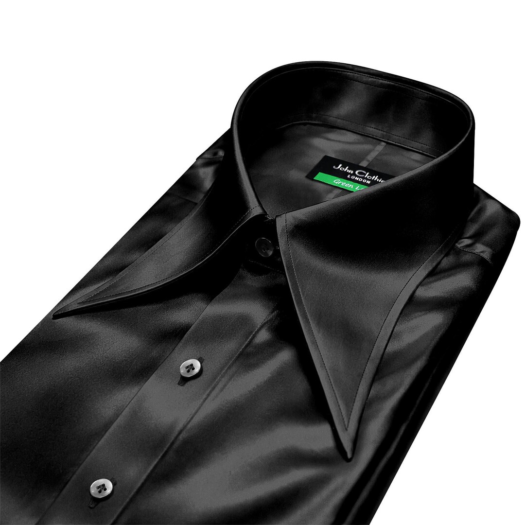 black silk dress shirt mens Men's Glossy Satin Extra Long Spread Collar Retro Evening Cocktail Party Outfit down front closure group-572 Karina presented a fascinating Color:As Picture:Black/Eden Green