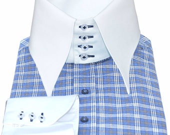 Handmade Spearpoint Collar Dress Shirt, Blue White Check, Vintage Style