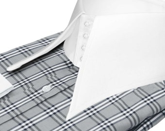 Handmade Spearpoint Collar Shirt: Grey Tartan Plaid, 1940s Style
