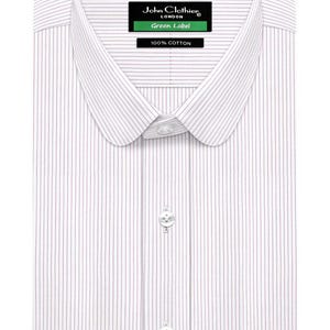 May include: White dress shirt with thin pink stripes and a button-down collar. The shirt has a label that reads "John Clothier London Green Label 100% Cotton".