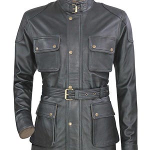 Men's Black Genuine Leather Jacket Waist Belt 4 Pocket Military