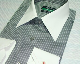grey dress shirt with white collar Mens Slim Fit Gray & White Striped Spread Collar Cotton Dress Shirt at  Amazon Men's Clothing store