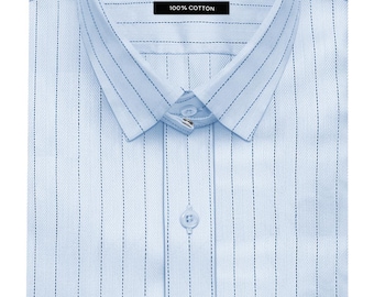 Men&#39;s Formal Business Wedding Guest Shirt James Bond Style Snap Tab Loop Collar Sky Blue Chalk Stripes Herringbone Weave Long Sleeves Dress