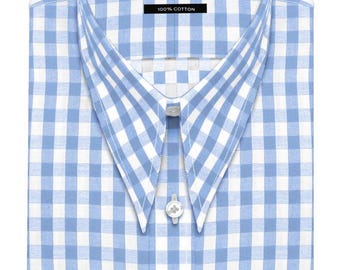 Sky Blue Gingham Shirt, Spear Collar, 100% Cotton Retro Style