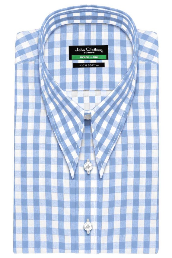 Sky Blue Gingham Shirt, Spear Collar, 100% Cotton Retro Style - Etsy