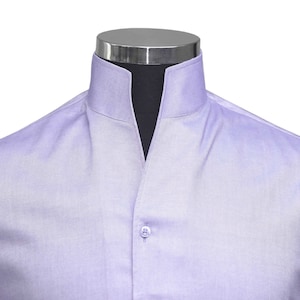 High Open Buttonless V Collar Light Purple Semi Formal Dress Shirt Men's Karl Lagerfeld Tall Neck Light Lilac Shirt Pure Cotton Long Sleeves