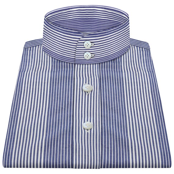 High Band 2 Button Collar Shirt Blue White Mix Stripes Formal
