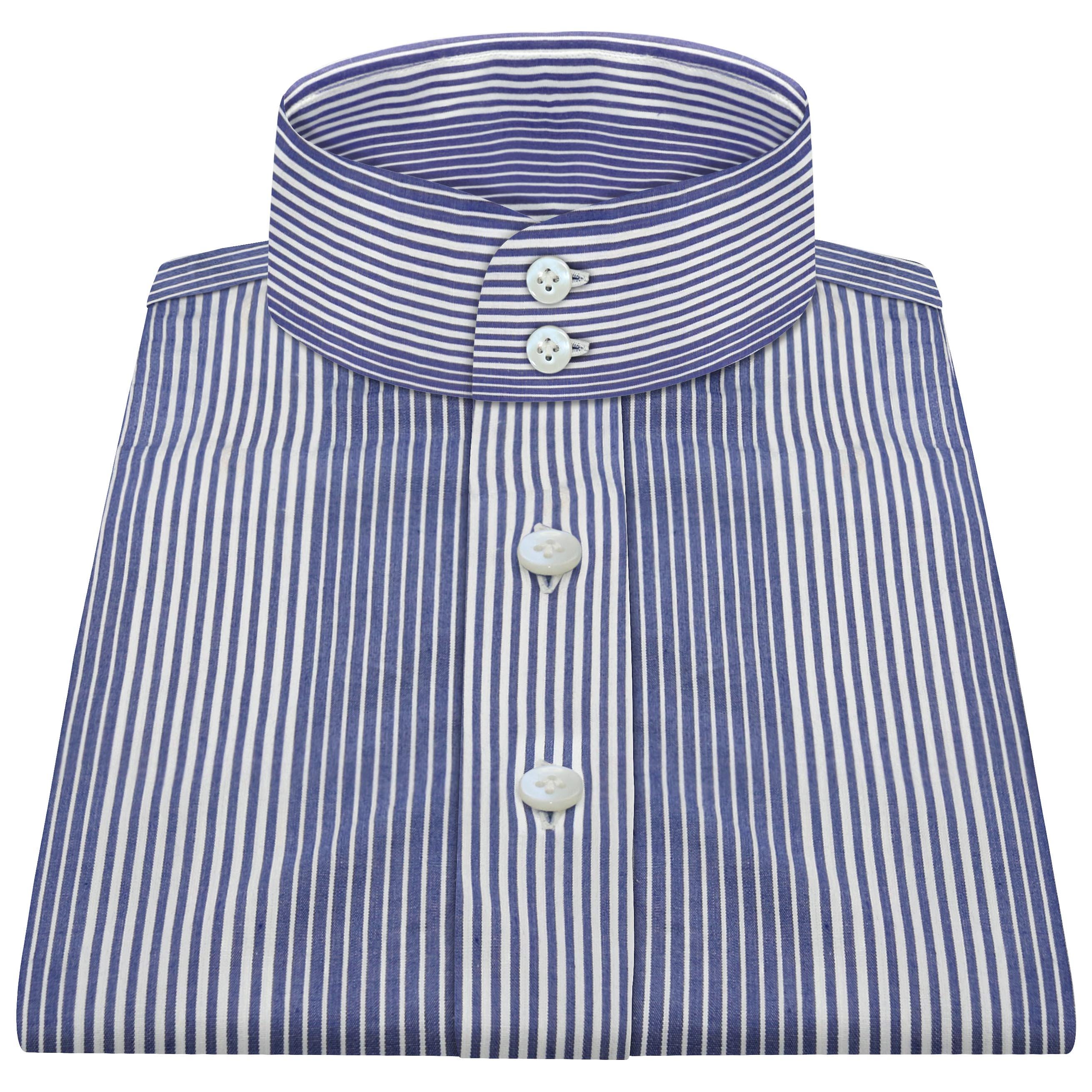 High Band 2 Button Collar Shirt Blue White Mix Stripes Formal