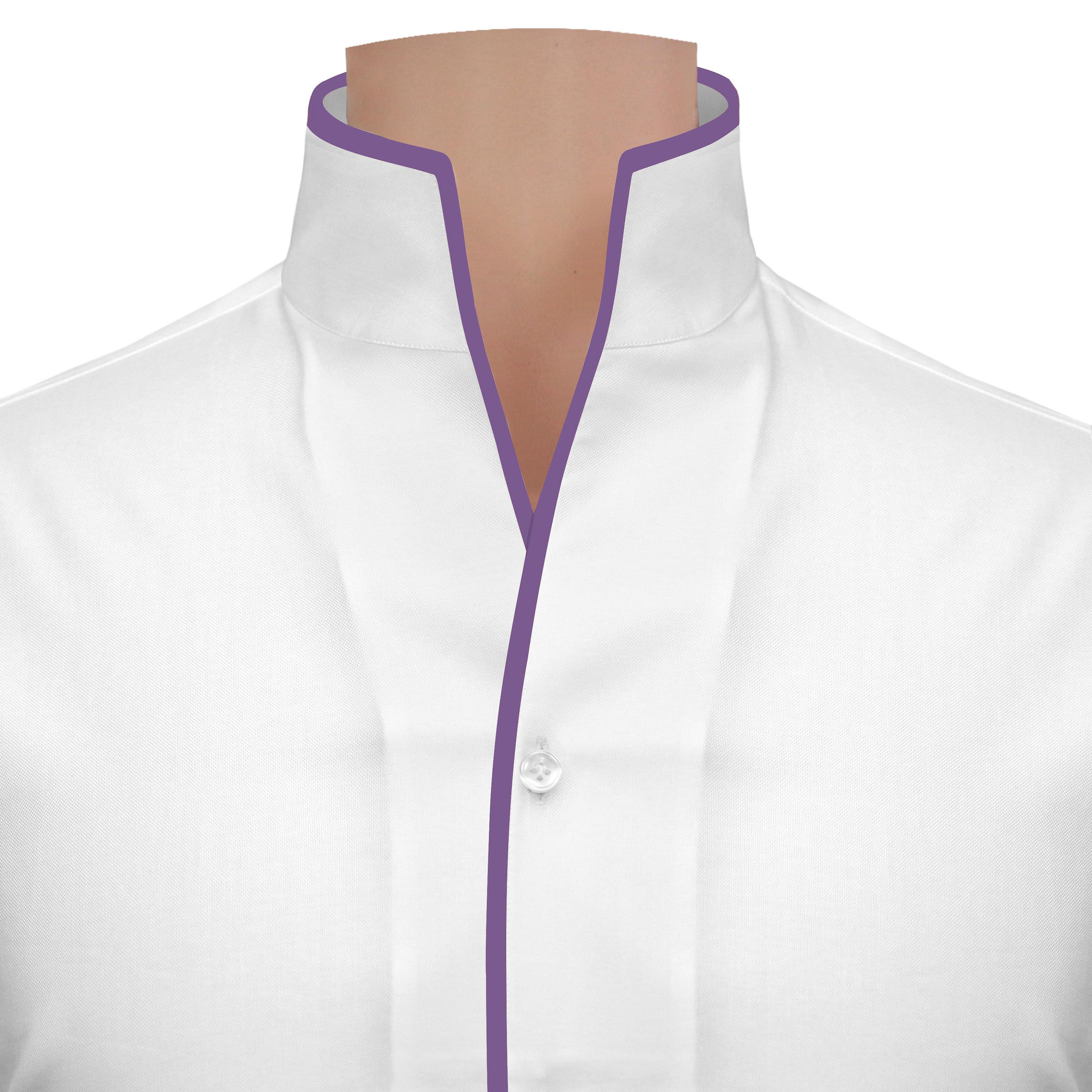 High Open V Collar White Cotton Shirt, Lilac Piping - Karl