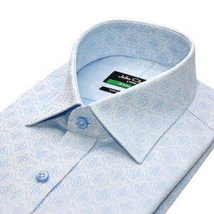May include: A light blue dress shirt with a white floral pattern. The shirt has a button-down collar and a John Charles London Green label.