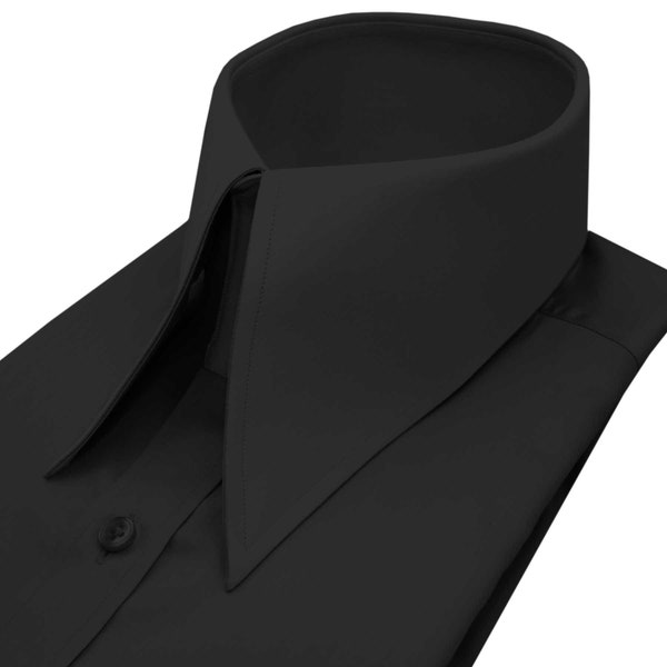 Handmade Black Spearpoint Collar Shirt High collar 4 Buttons, 1940s Vintage Style