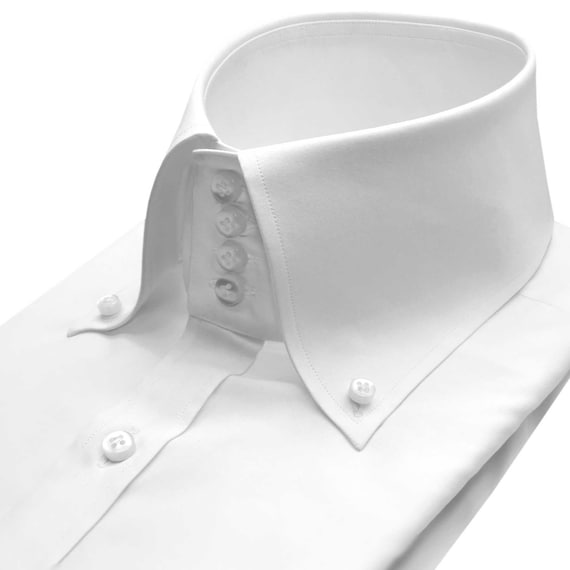 Pointed Oxford Collar High Button Down Collar White Polo Dress Shirt Men Long Sleeves Pure Cotton Formal Occasion Shirt Grooms Wedding Shirt