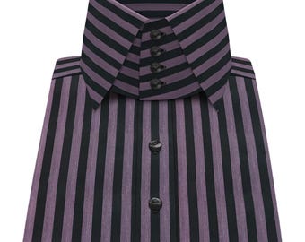 Men's High Collar Dress Shirt: Purple & Black Herringbone Cotton