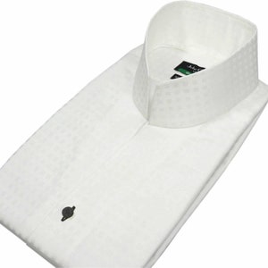 Karl Lagerfeld Style High Open Buttonless V Collar Shirt Pure Cotton White Checks Semi Formal Dress Shirt Men's Long Sleeves 3'' Tall Neck