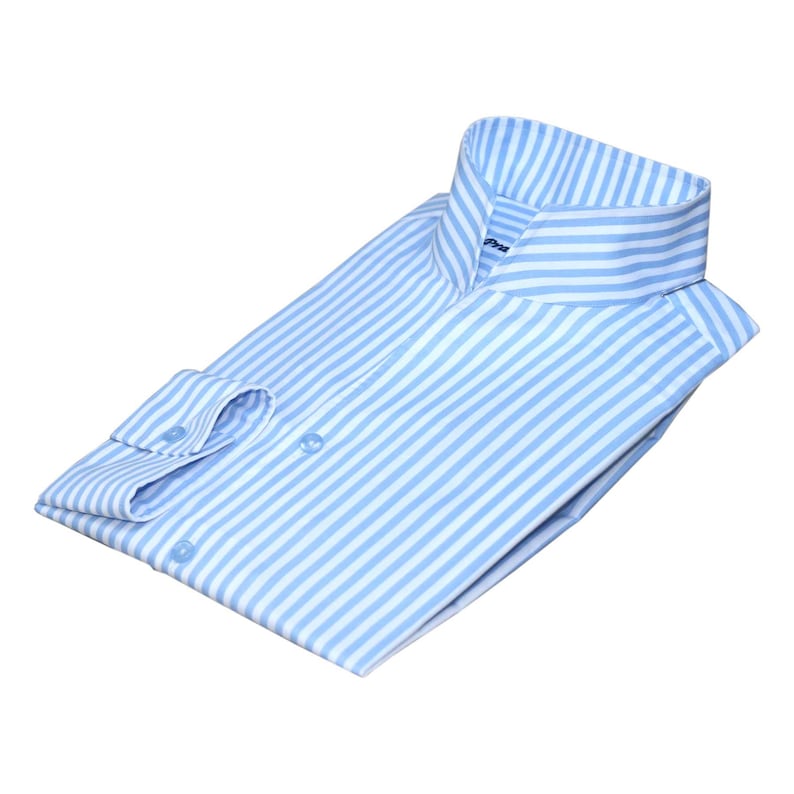 May include: A light blue striped dress shirt with a mandarin collar. The shirt has a button closure and long sleeves.